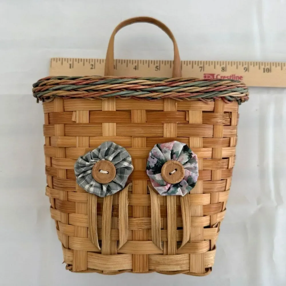 Vintage Woven Hand Made Hanging Wall Door Basket with YoYo Flowers Buttons